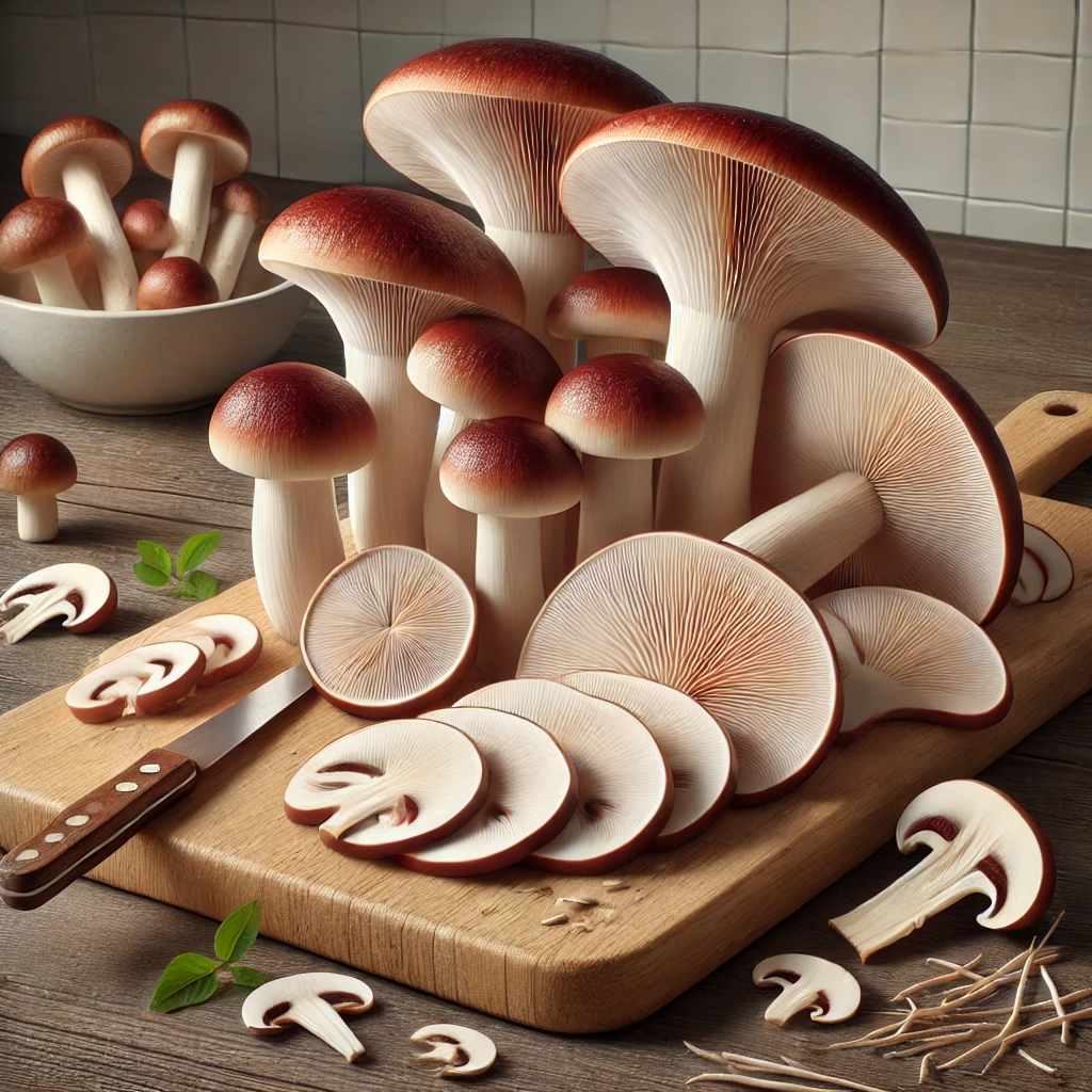 A képen szeletelt, tisztított dióízű galambgomba (Russula vesca) látható fa vágódeszkán, világos, higiénikus konyhai környezetben.