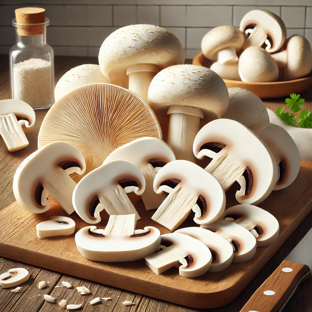A képen frissen szeletelt, megtisztított erdőszéli csiperkegomba (Agaricus arvensis) látható, fa vágódeszkán, főzésre készen.