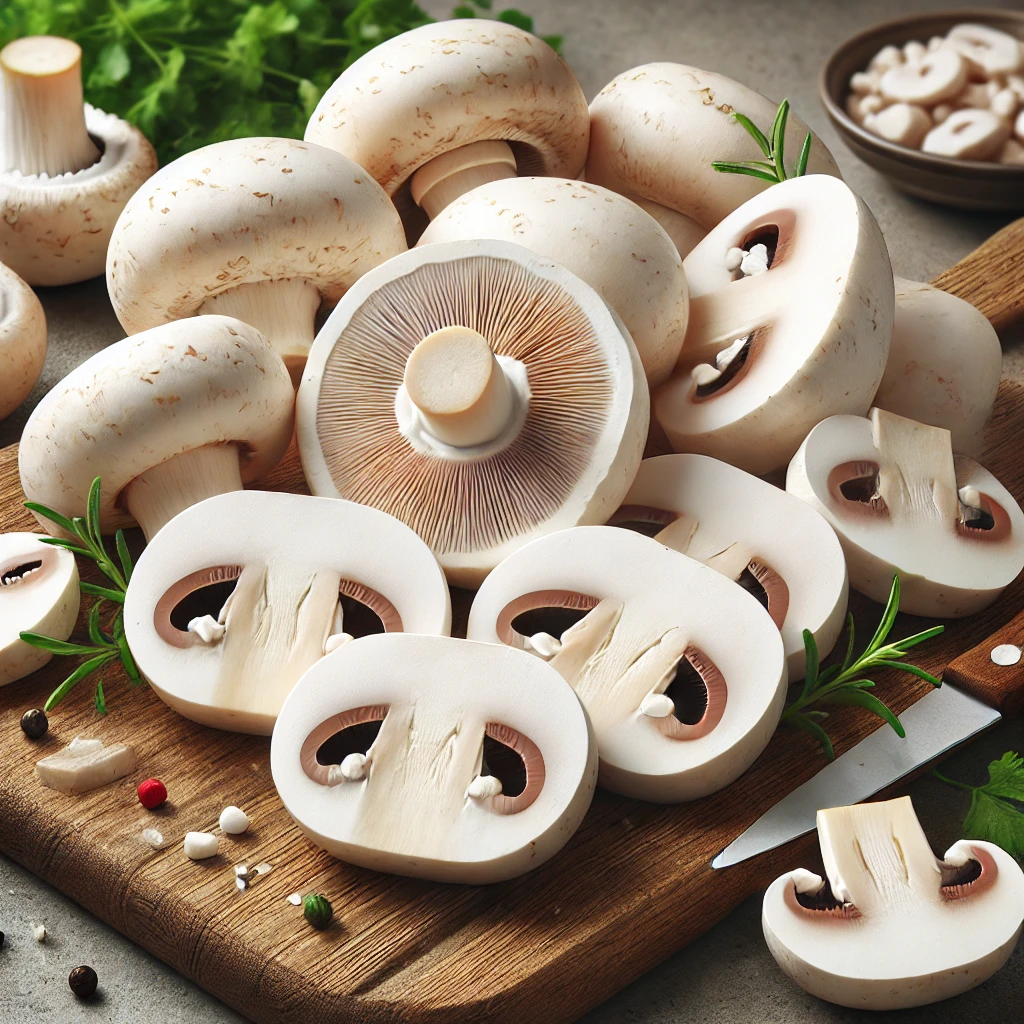 A képen frissen szeletelt és megtisztított fehér csiperkegombák (Agaricus bisporus) láthatók fa vágódeszkán, konyhai környezetben.