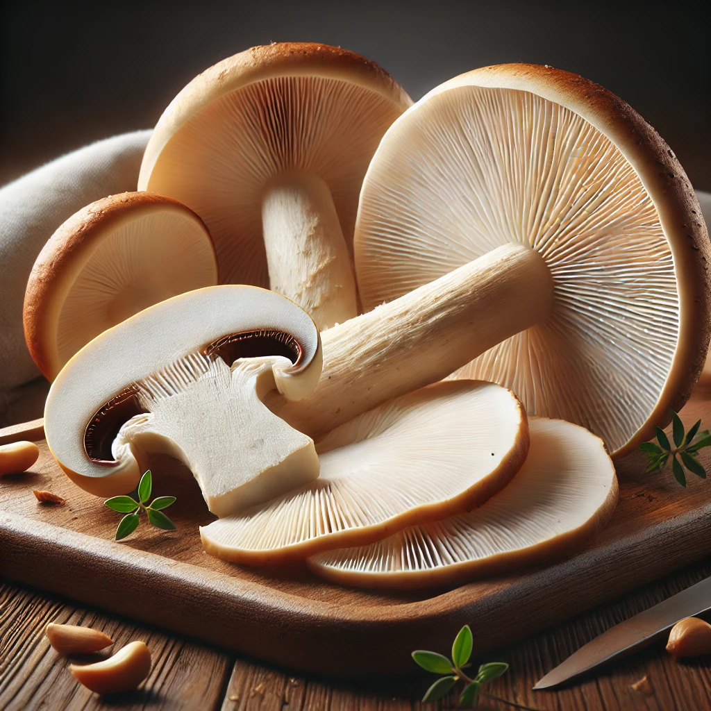 A képen szeletelt és megtisztított fenyő pereszke (Tricholoma matsutake) gombák láthatók, konyhai környezetben, főzésre készen.