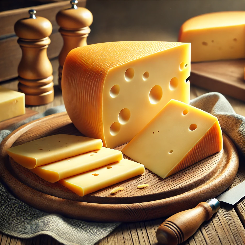 Fotórealisztikus kép szeletelt gouda sajtról egy rusztikus fa deszkán, mellette sajtkés, meleg konyhai háttérrel.