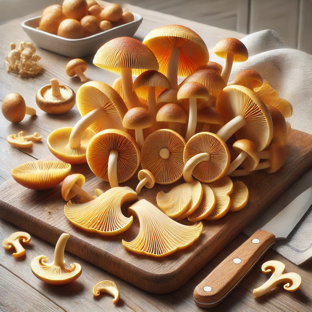 A képen szeletelt, megtisztított gyűrűs tuskógomba (Armillaria mellea) látható konyhai környezetben, fa vágódeszkán.