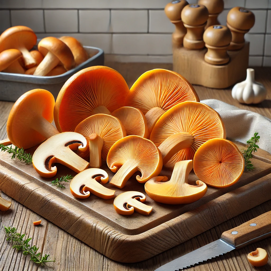 A képen szeletelt, megtisztított ízletes rizike gombák (Lactarius deliciosus) láthatók egy fa vágódeszkán, konyhai környezetben.