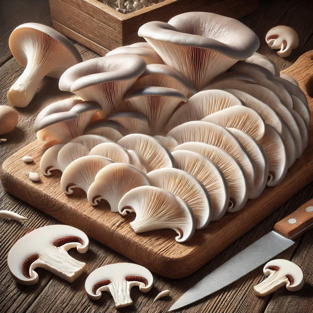 A képen megtisztított, szeletelt késői laskagomba (Pleurotus ostreatus) látható konyhai vágódeszkán, főzésre előkészítve.