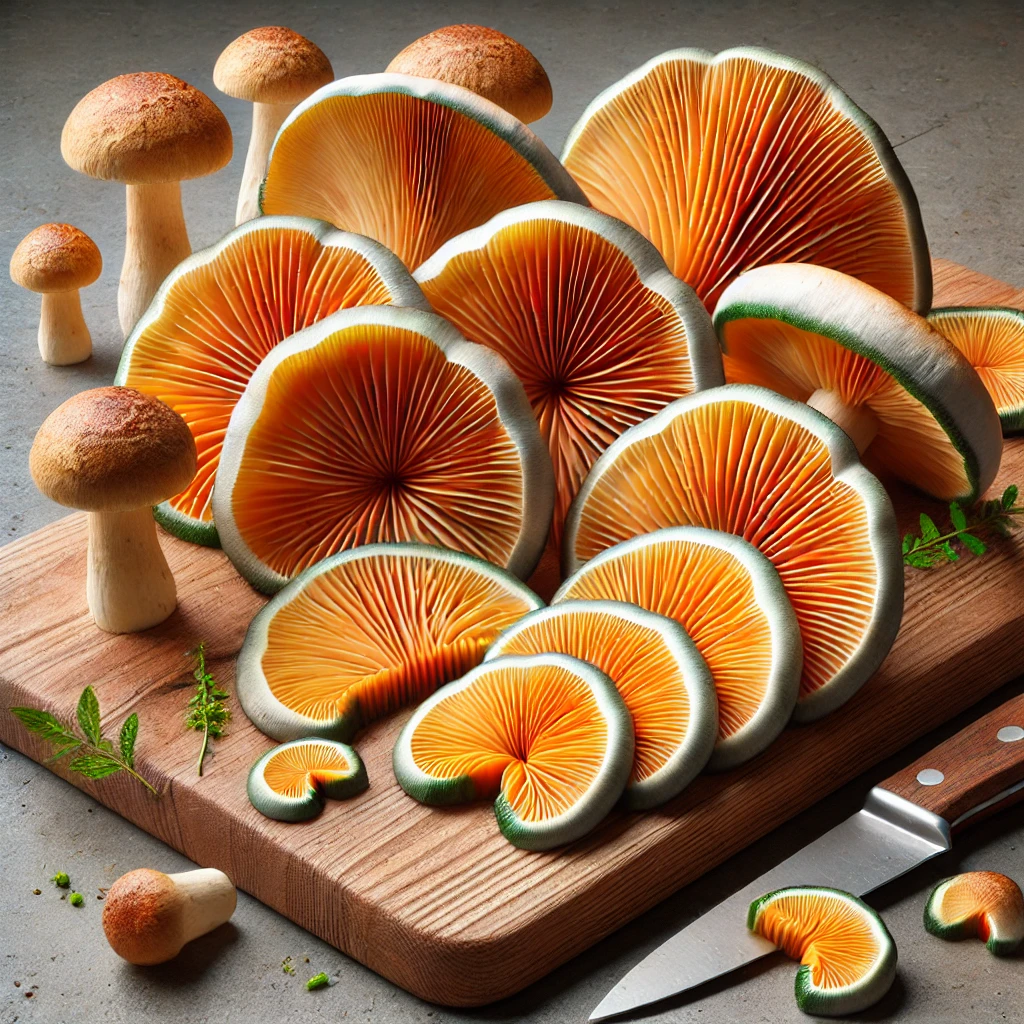 A képen narancsszínű, zöldülő foltokkal rendelkező, szeletelt lucfenyvesi rizike (Lactarius deterrimus) gombák láthatók egy fa vágódeszkán.