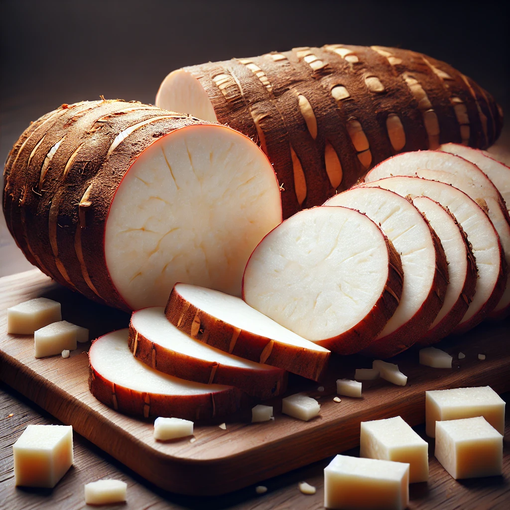 A képen manióka (cassava) szeletek láthatók a vágódeszkán, a gyökérszeletek belsejében látszik a fehér, kemikális hús.