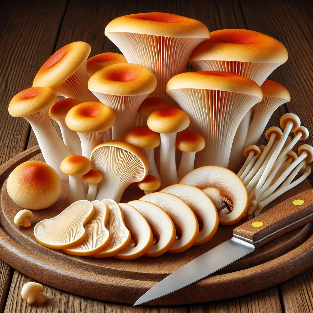 Szeletelt és megtisztított téli fülőke (Flammulina velutipes) gombák láthatók konyhai környezetben, fa vágódeszkán elrendezve.
