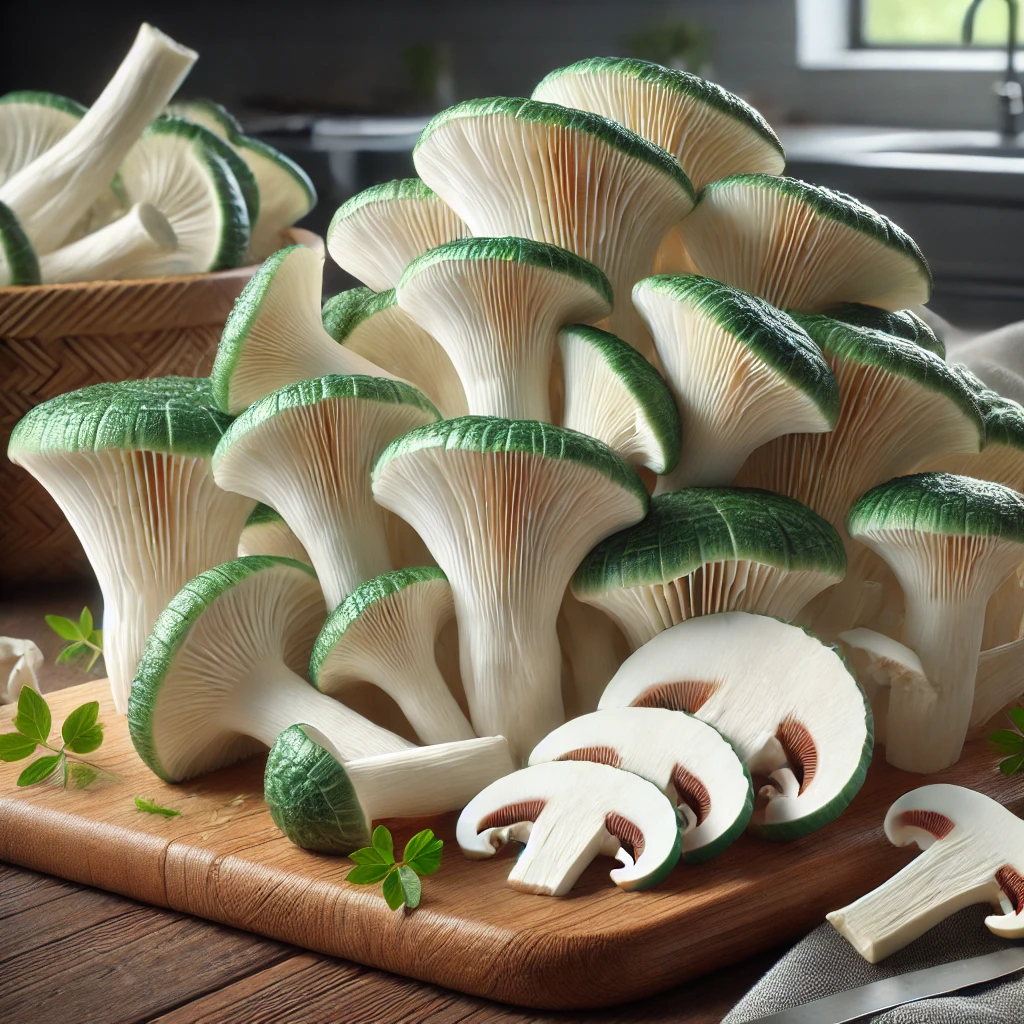 A képen tisztított, szeletelt varas galambgomba (Russula virescens) látható fa vágódeszkán, konyhai környezetben.