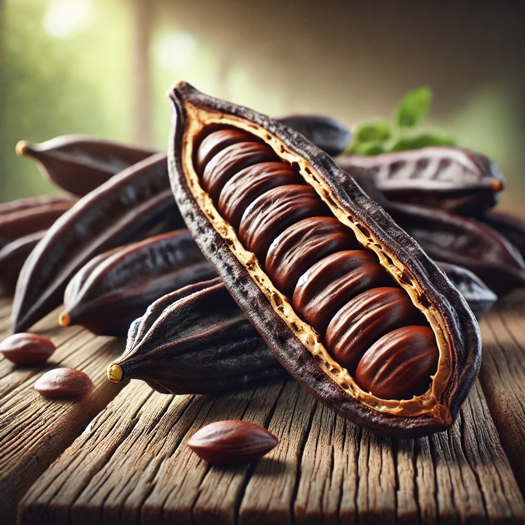 A képen a szentjánoskenyér (carob) termése látható, a belső része, melyet a természetes édes íze miatt használják különféle ételekben.