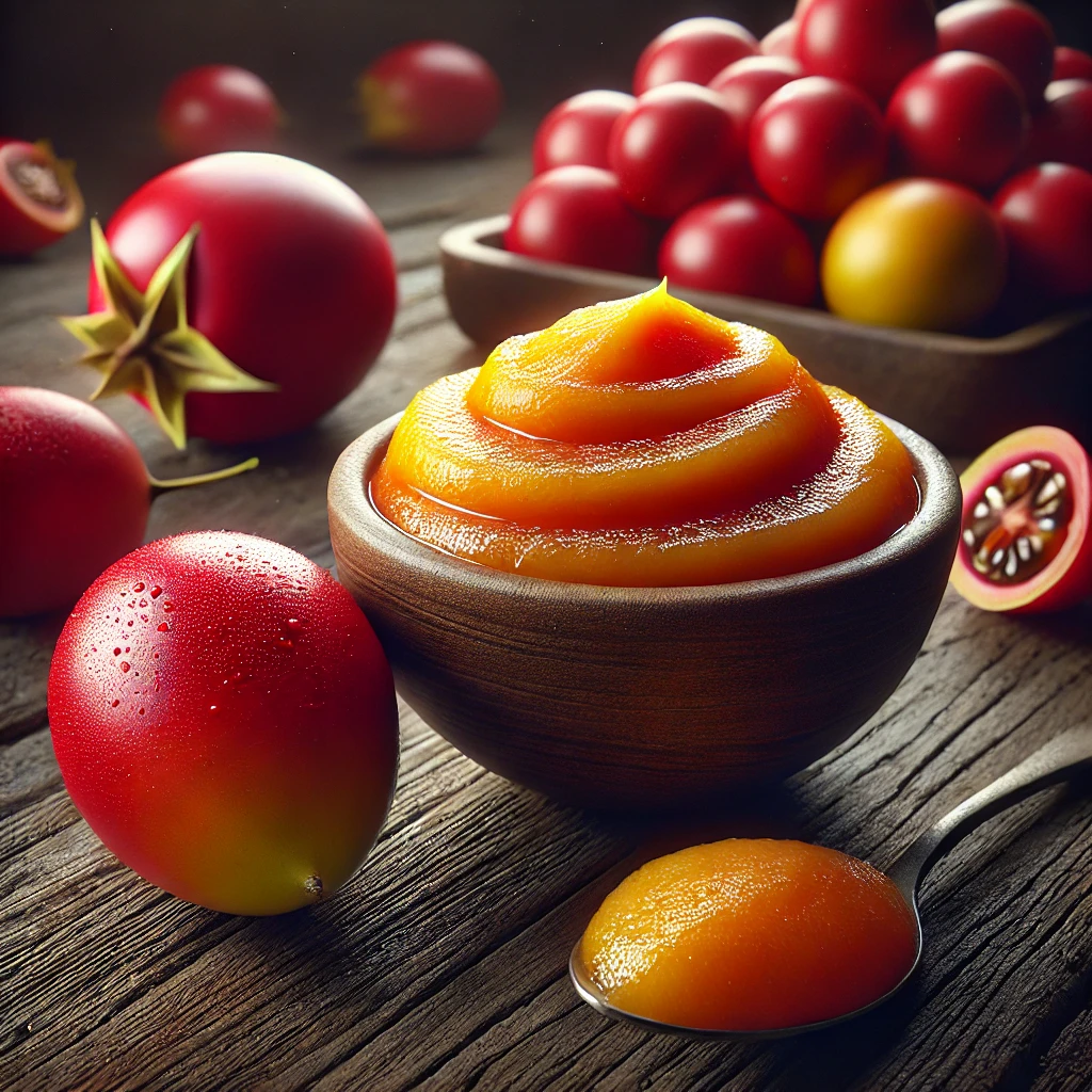 A képen tamarillo gyümölcs és pép látható, gazdag piros és sárga színben, egy kis üvegben elhelyezve, körülötte friss tamarillo gyümölcsök.