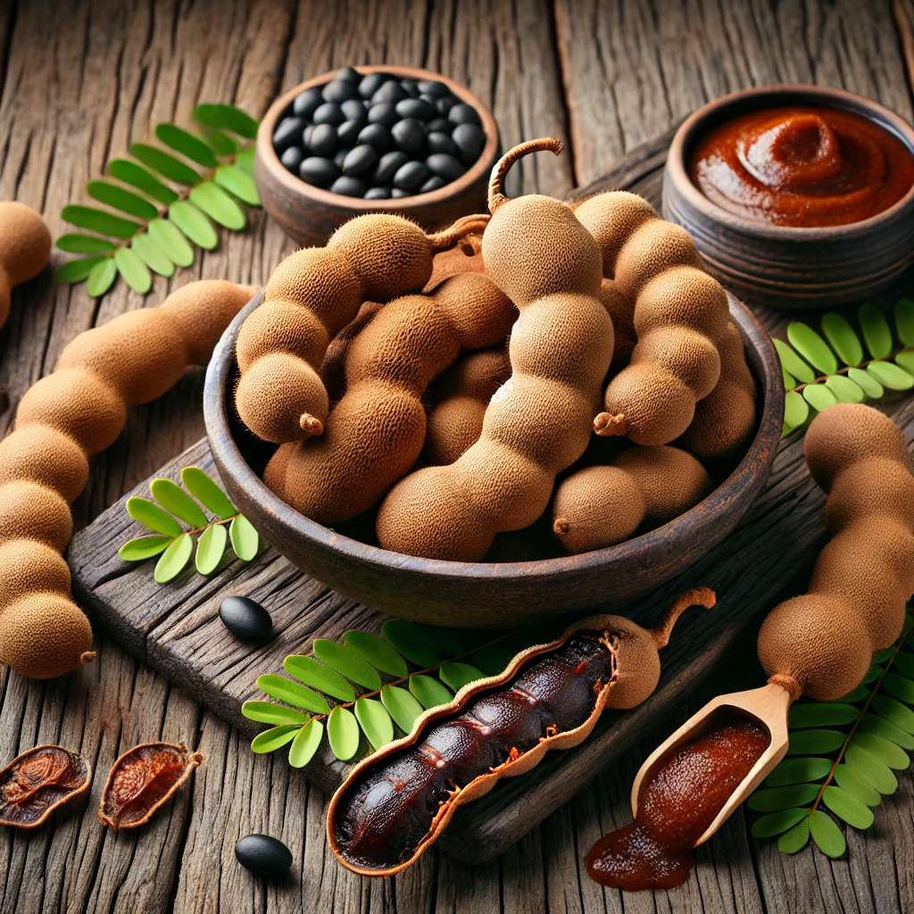 A képen egész és felbontott tamarind hüvelyek láthatók, belül ragacsos barna péppel és fényes fekete magokkal, valamint egy kis tál tamarind paszta, fa felületen.
