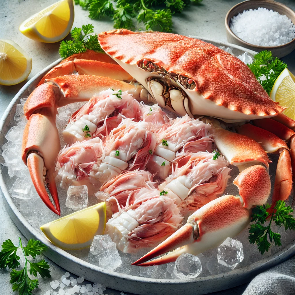 A képen friss, nyers tarisznyarák hús látható héj nélkül, jégen tálalva, citromgerezdekkel, tengeri sóval és petrezselyemmel, elegáns gourmet stílusban.