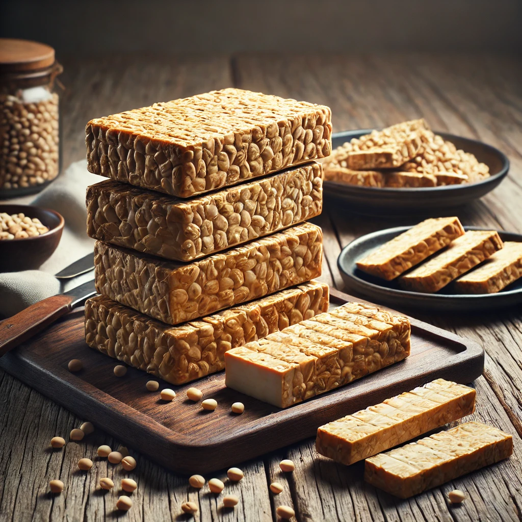 A képen több tempeh tömb látható szeletelve, természetes fényben, rusztikus konyhai felületen. Egy grillezett darab külön kis tányéron szerepel, kizárólag gasztronómiai bemutatás céljából.