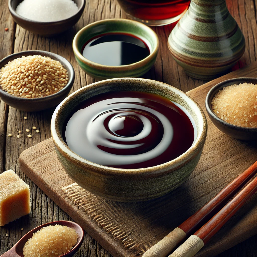 A képen sűrű, fényes teriyaki szósz látható egy kis kerámiatálban, körülötte szójaszósz, mirin, sake és barna cukor kis tálakban, természetes világításban.