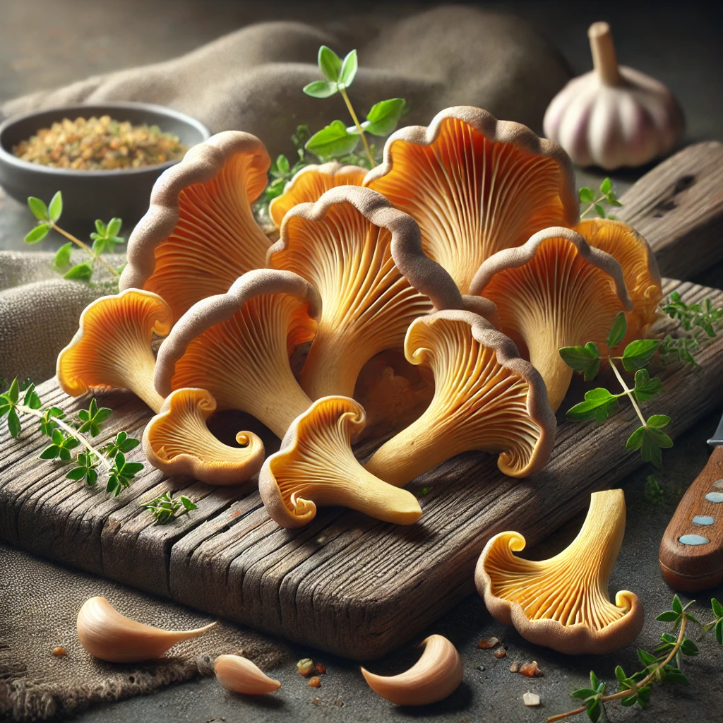 A képen frissen szeletelt tölcséres rókagomba (Craterellus tubaeformis) látható fa vágódeszkán, fokhagymával és kakukkfűvel tálalva, konyhakész állapotban.