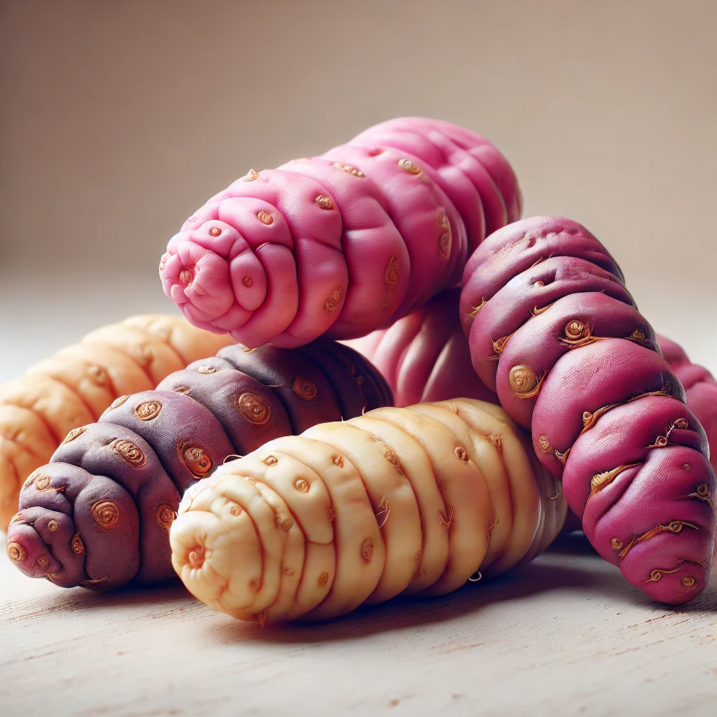 A képen ullucus gumók láthatók, finom textúrával és gazdag, pink és lila színekkel.