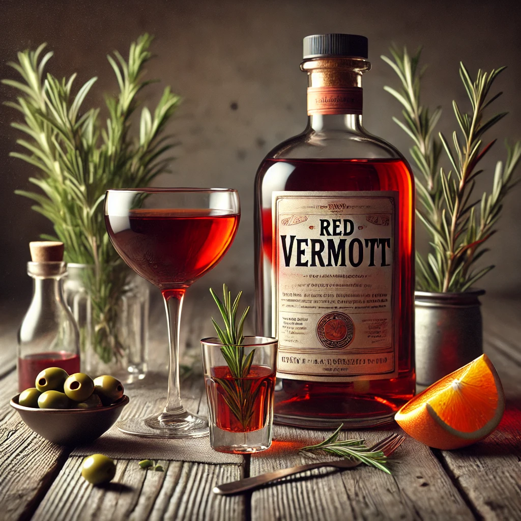 A képen vörös vermut egy üvegben és pohárban, rusztikus fa felületen, friss rozmaringgal, narancshéjjal és olívabogyóval.