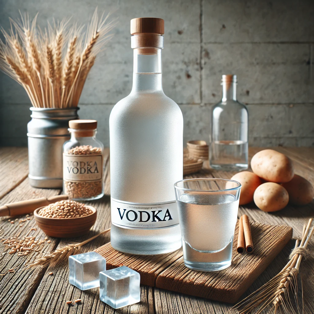 A képen egy üveg tiszta vodka és egy kis pohár látható, búzával, burgonyával és jégkockákkal körítve egy faasztalon.