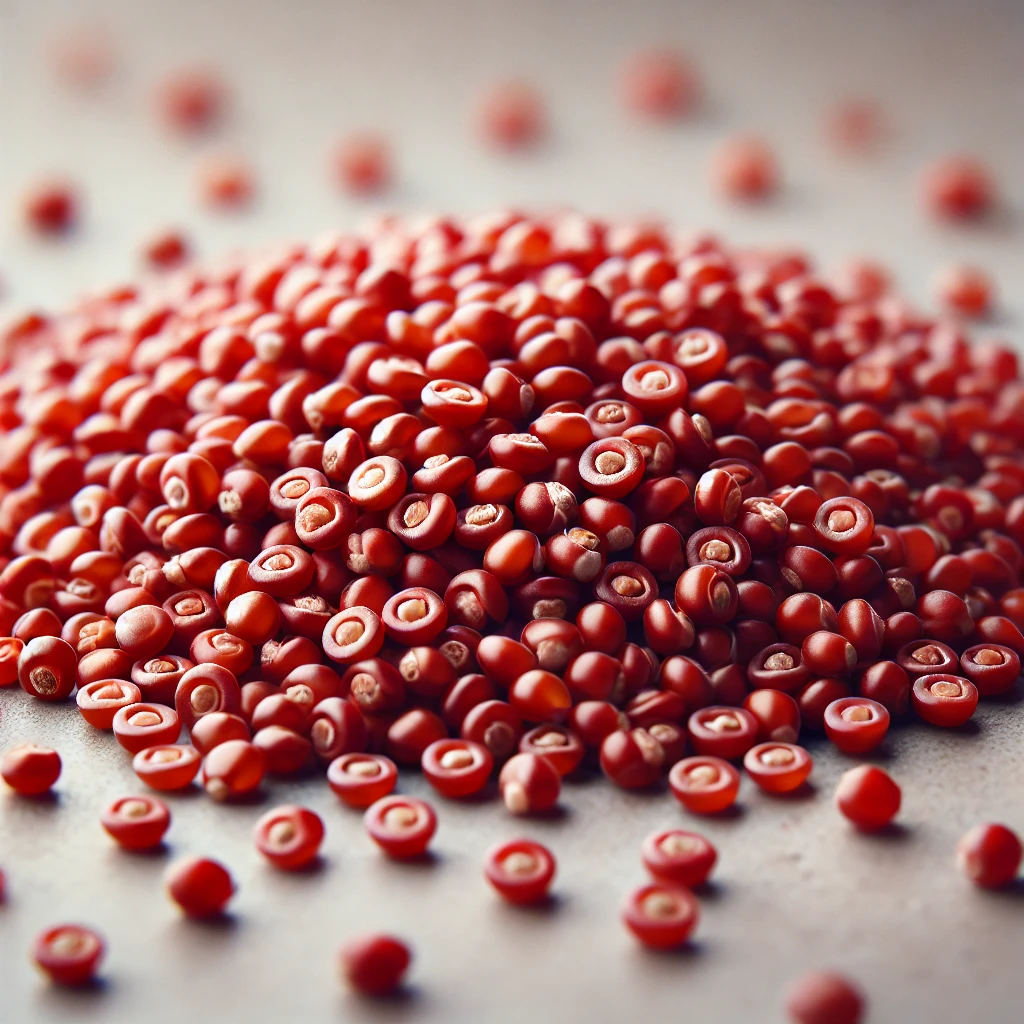 A képen vörös quinoa magok láthatók, finom textúrával és gazdag vöröses színekkel.