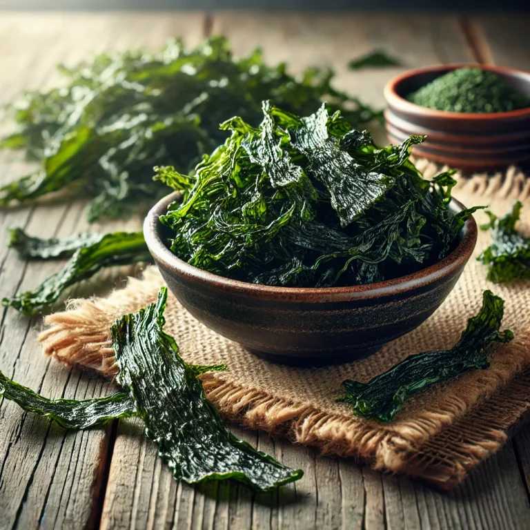 Szárított wakame alga fa felületen és egy kis tálban elhelyezve