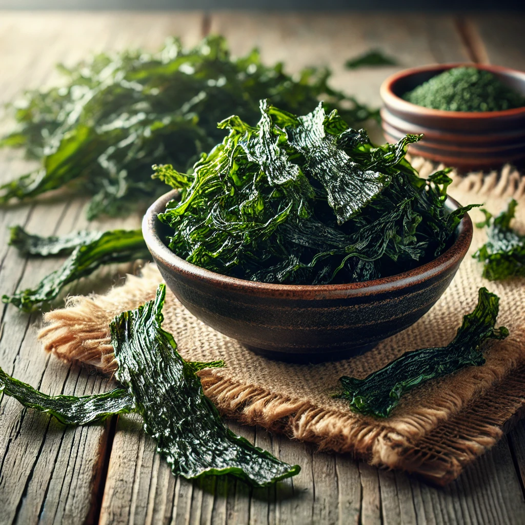 A képen szárított wakame alga látható egy kis kerámia tálban és szétszórva egy fa felületen. A jelenet természetes fényben készült, étkezési célú bemutatással.