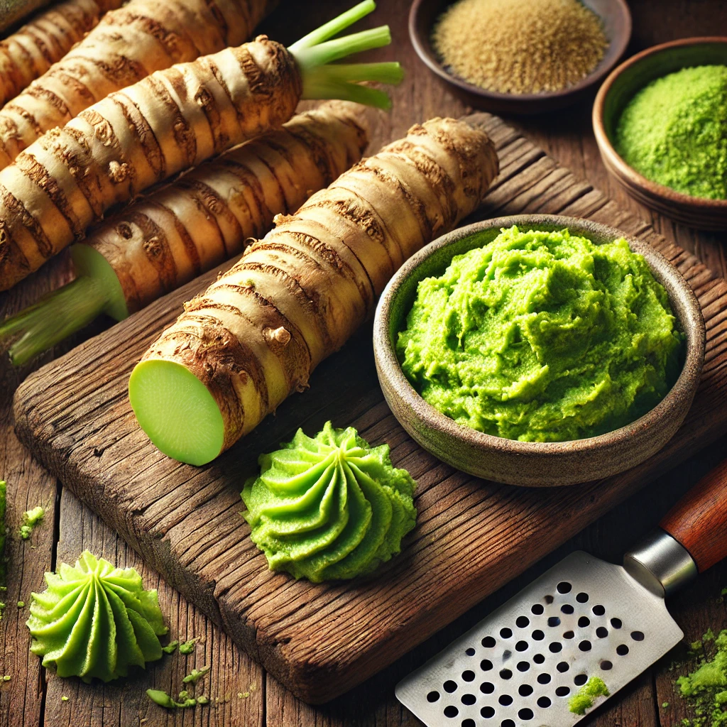 A képen friss wasabi gyökérdarabok, egy adag világoszöld paszta kis tálban és reszelt wasabi egy hagyományos reszelőn látható, fa konyhai felületen, természetes világításban.