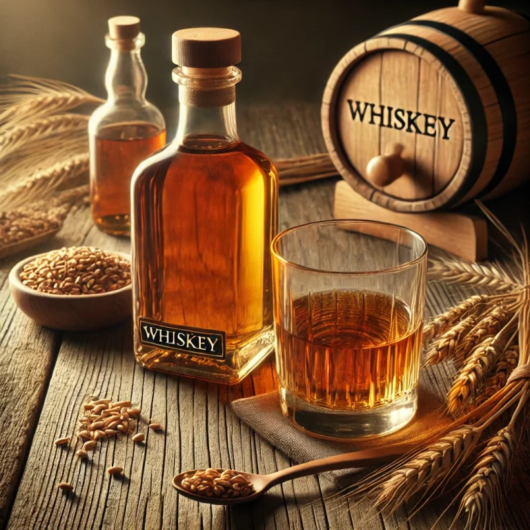 Whiskey üveg és pohár árpával és tölgyfával rusztikus asztalon