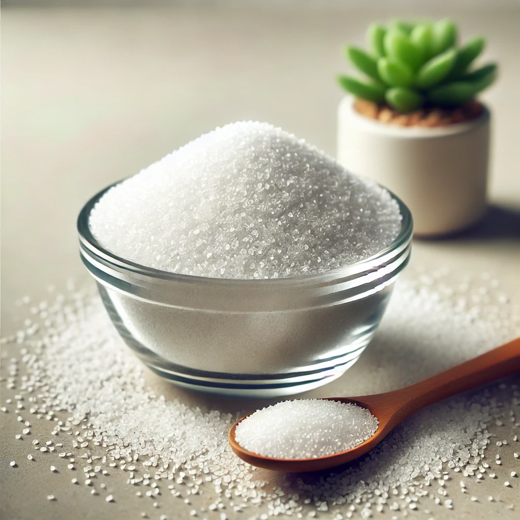 A képen xilit (xylitol) édesítőszer kristályos formában látható egy kis tálkában, mellette fakanál, világos háttérrel.