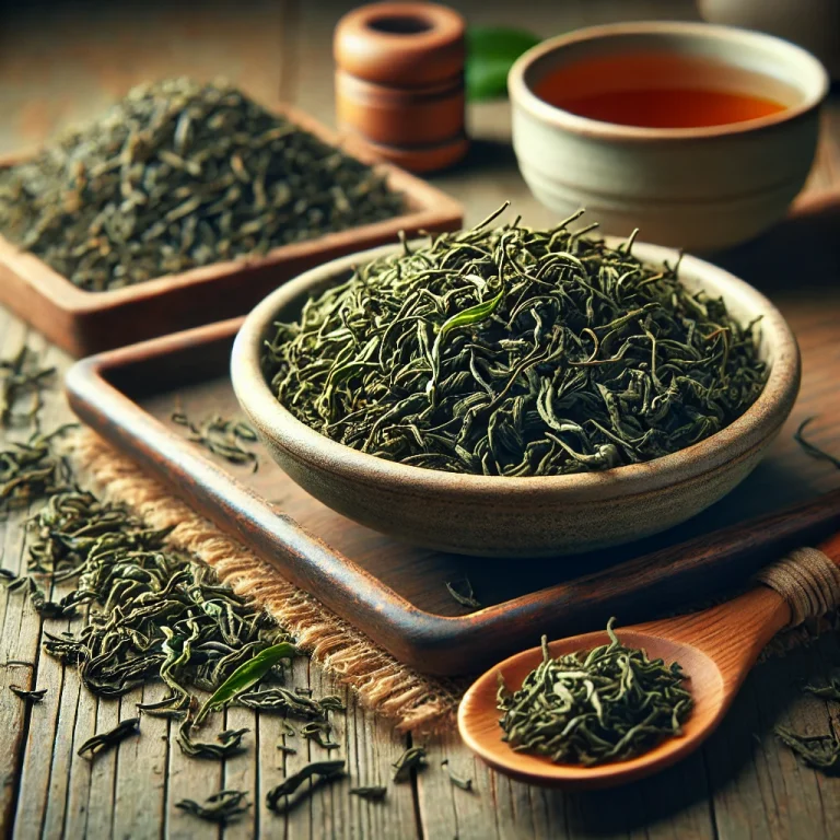Szálas zöld tea levelek tálban, fakanállal, konyhai felületen szórva