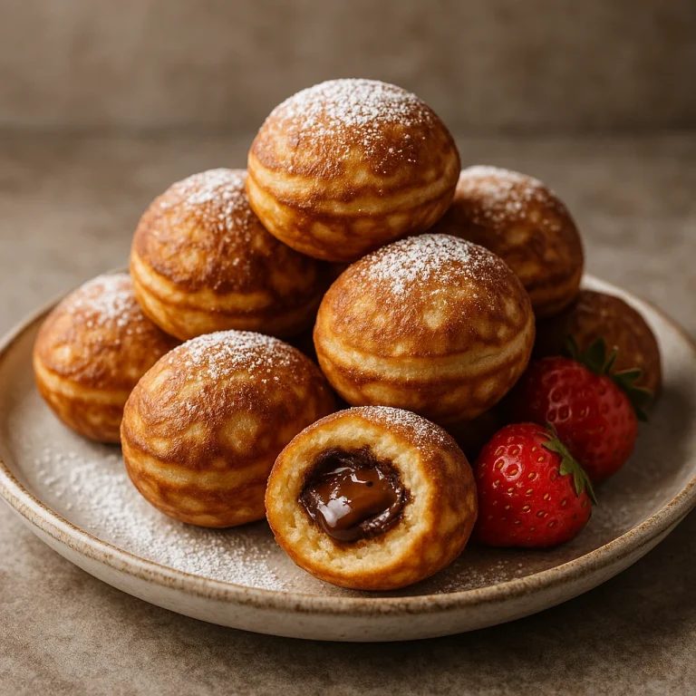 Nutellával töltött æbleskiver aranybarnára sütve, porcukorral megszórva