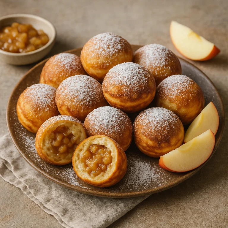 Æbleskiver almás fahéjas töltelékkel, aranybarnára sütve, porcukorral meghintve
