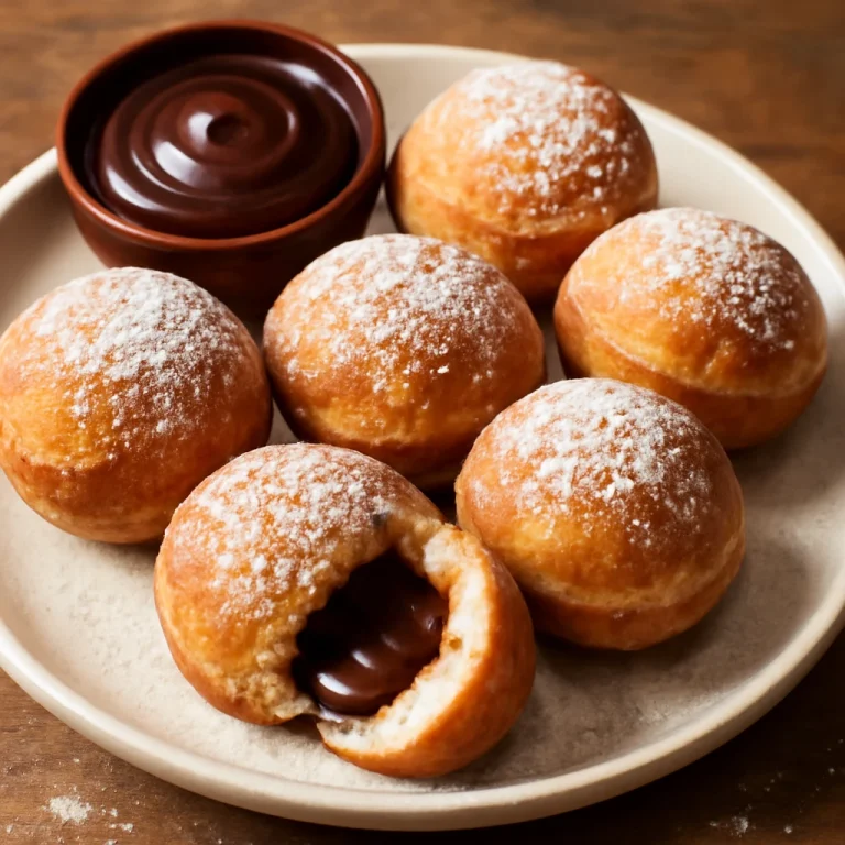 Frissen sült æbleskiver csokoládékrémmel és porcukorral tálalva