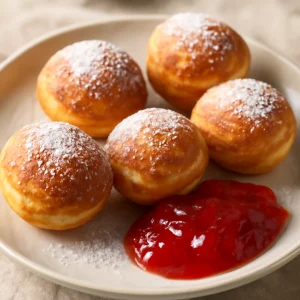 Finom æbleskiver eperlekvárral tálalva