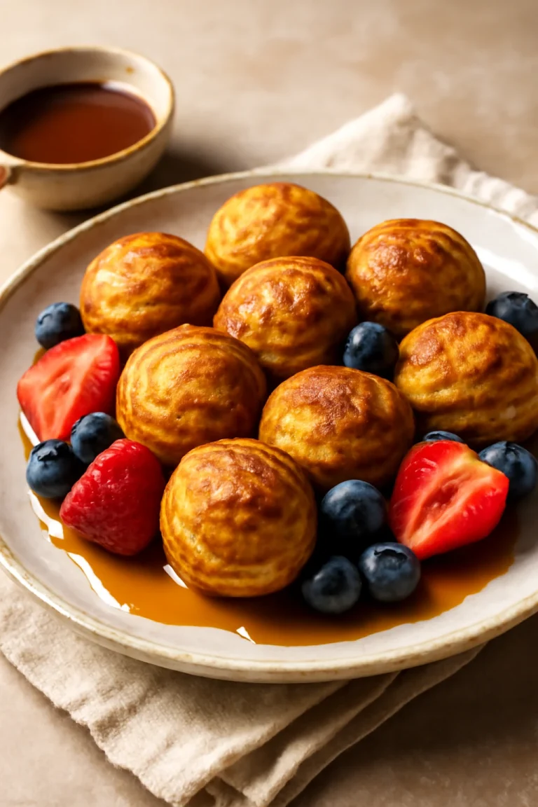Æbleskiver juharsziruppal, friss sütemények, aranybarna, juharsziruppal tálalva