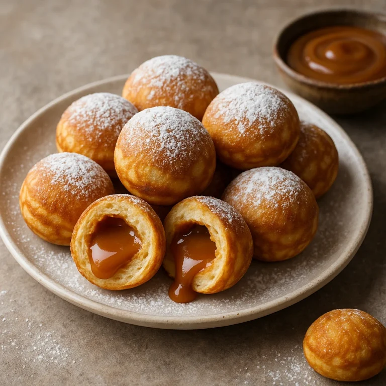 Karamellkrémmel töltött æbleskiver aranybarnára sütve, porcukorral meghintve