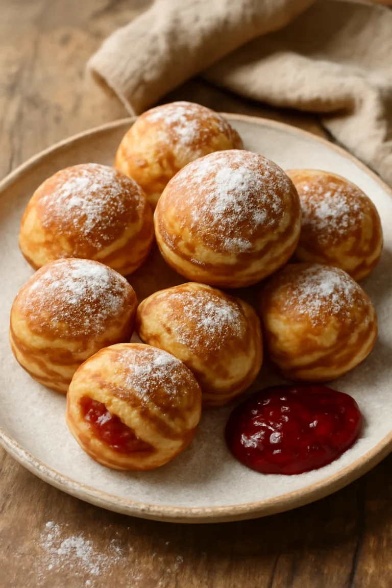 Æbleskiver málnalekvárral és porcukorral tálalva