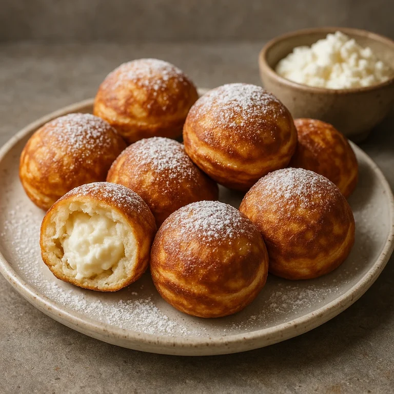 Æbleskiver ricottás töltelékkel, aranybarna színben, porcukorral megszórva tálalva