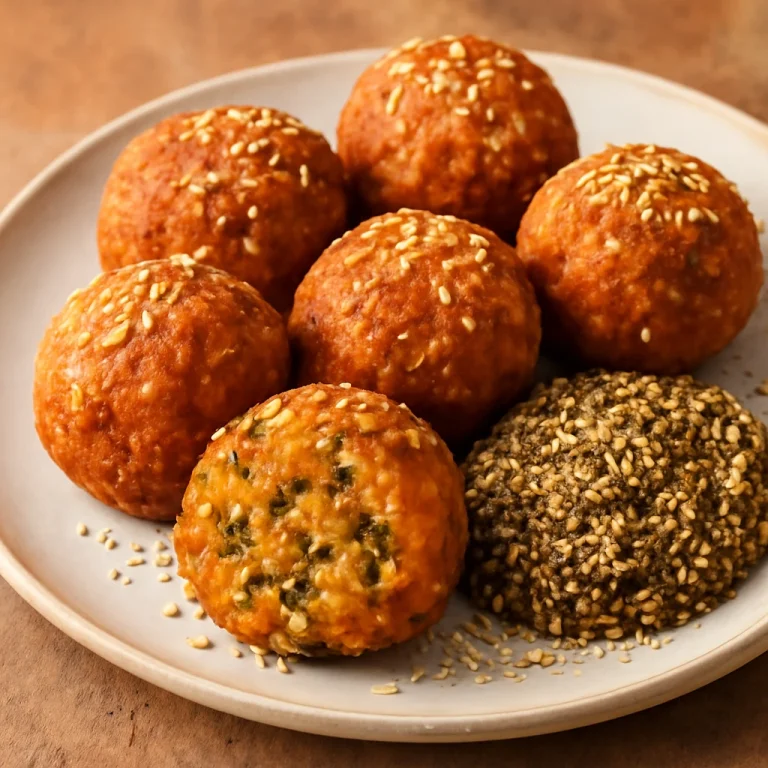Acarajé carurúval tálalva, fűszeres babgolyókkal és szezámmaggal