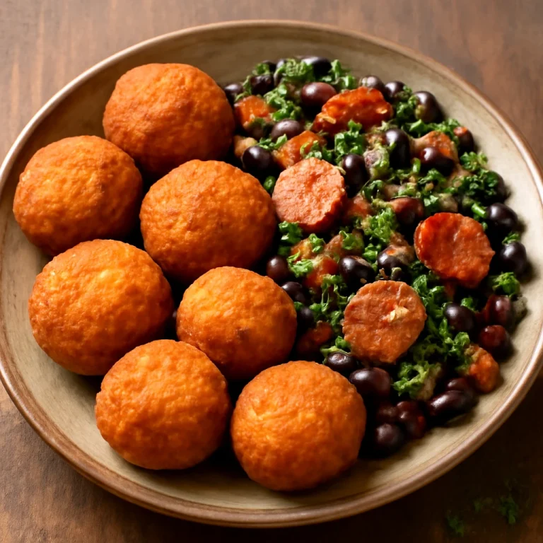 Acarajé kolbásszal, fűszeres bab és friss petrezselyem díszítéssel
