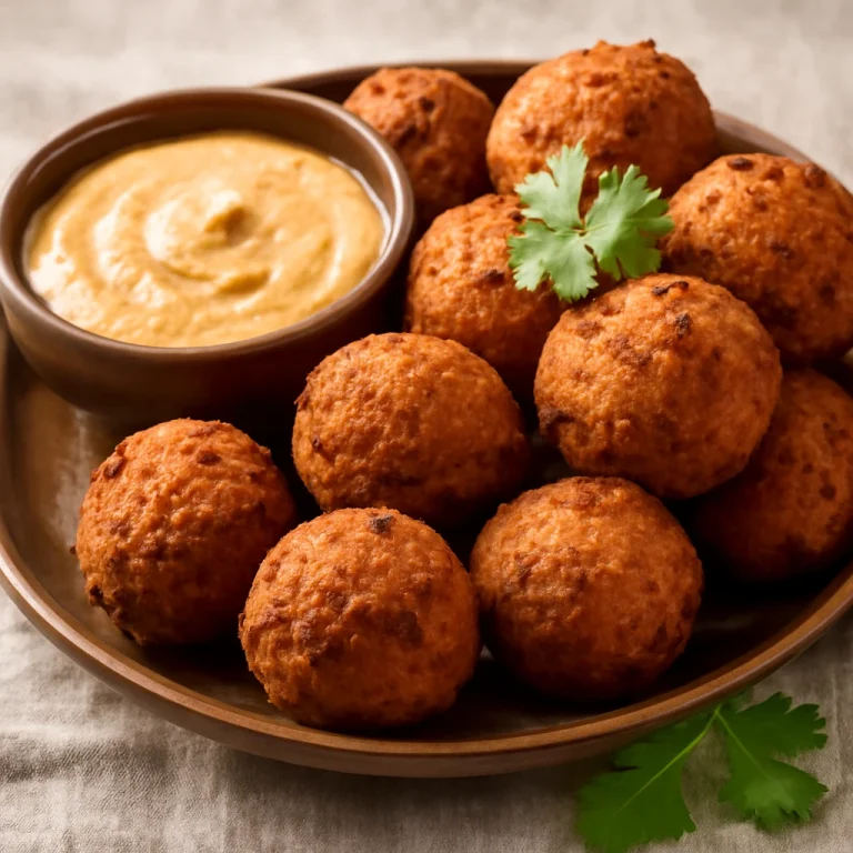Acarajé mustáros szósszal, fekete babból készült golyók mustáros szósszal és korianderrel díszítve