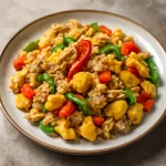 Ackee és sózott tőkehal tálalva zöldségekkel és fűszerekkel