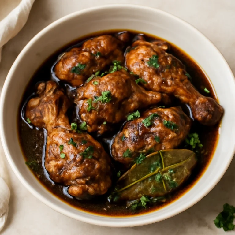 Adobo hússal, szójaszószban és fehérboros mártásban tálalva, friss zöldfűszerekkel díszítve