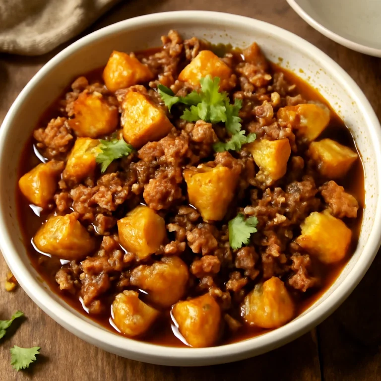 Adobo burgonyával, fűszeres hús és ropogós burgonya tálalva