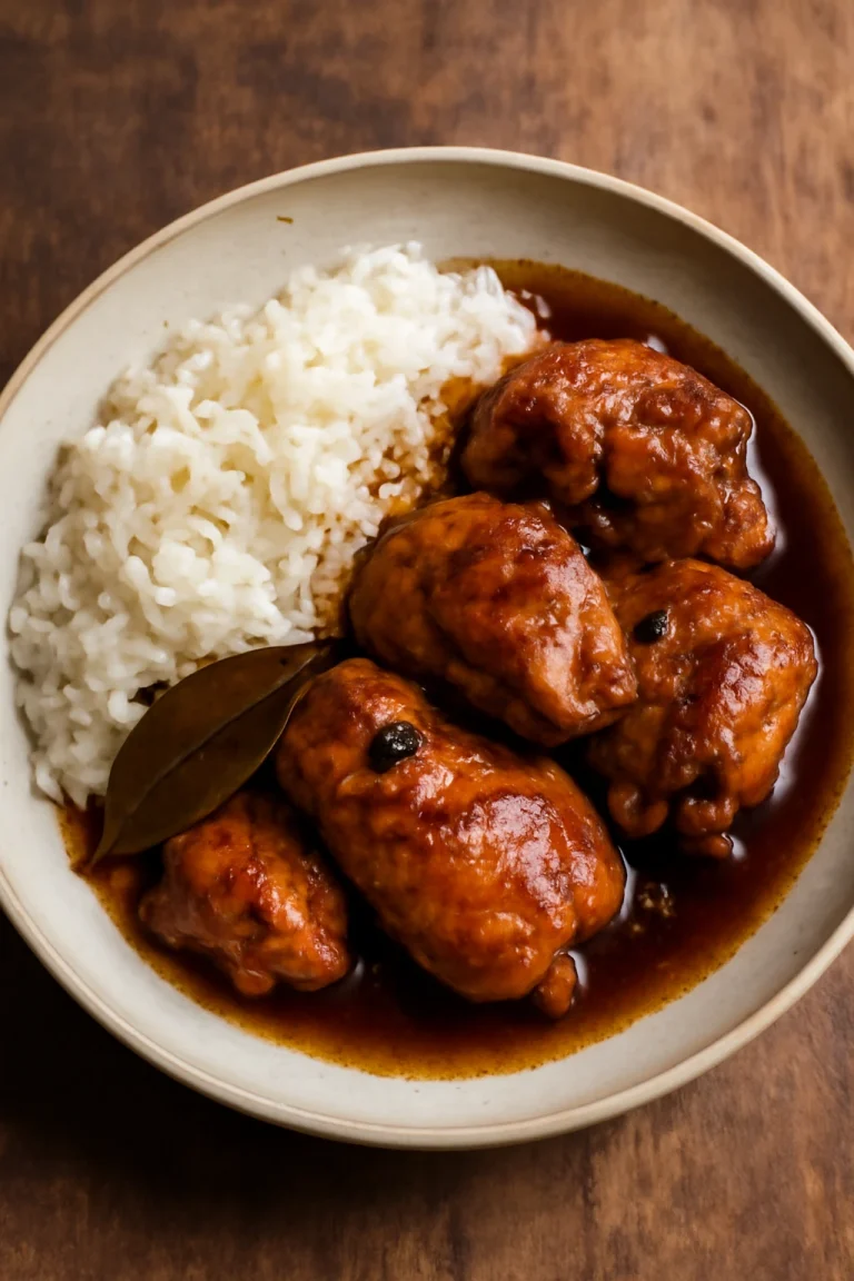 Adobo csirkehús, szójaszószban főzve, tálalva rizs mellett