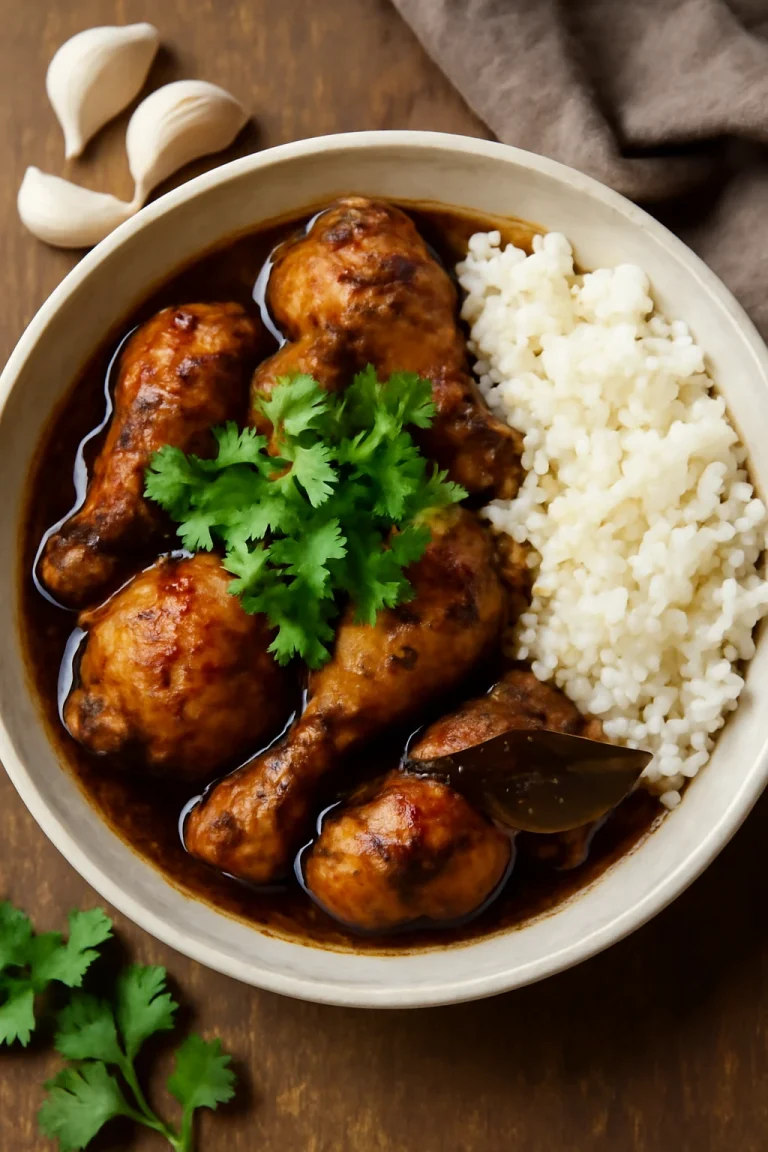 Adobo édes sós, tálalva korianderrel és rizzsel