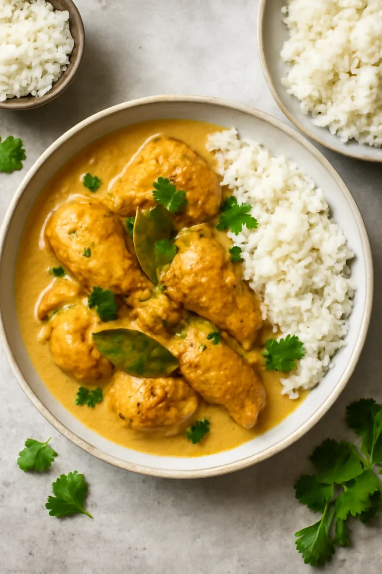 Adobo kókusztejjel, gazdag, fűszeres étel tálalva rizssel és korianderrel