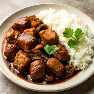 Filippínó adobo sertéshússal, szójaszószos pörkölt