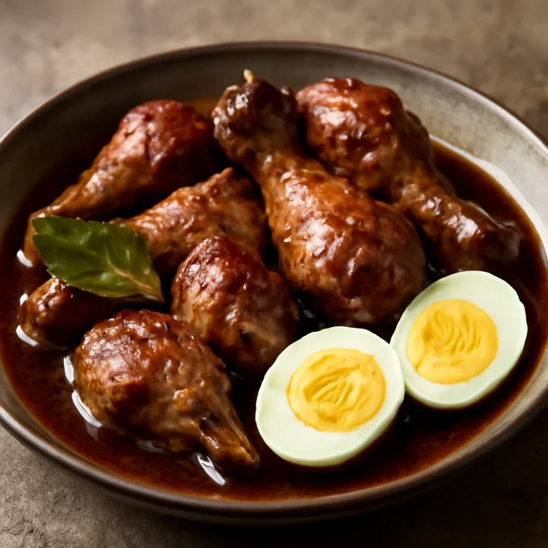 Adobo tojással tálalva, csirke és tojás egyesítve ínycsiklandó ételként.