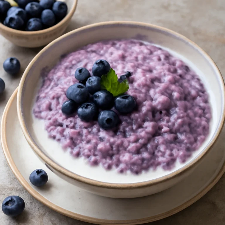 Áfonyás Congee tálalva, friss áfonyával és tejszínnel