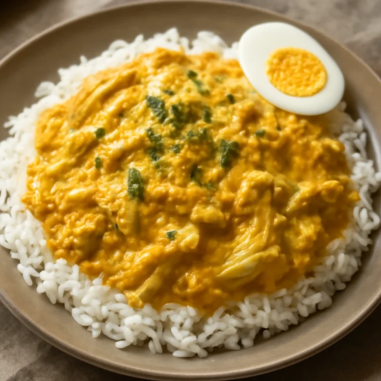 Ají de Gallina fokhagymával, szaftos csirkehússal és gazdag szósszal tálalva.